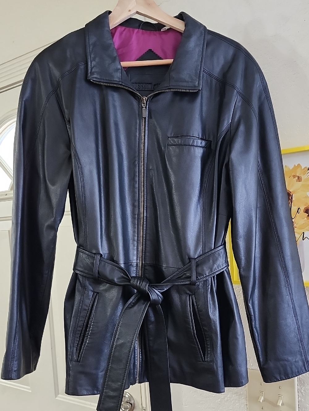 Vintage Preston & York Black Lambskin Leather Belted Jacket Sz L Soft Y2K Style